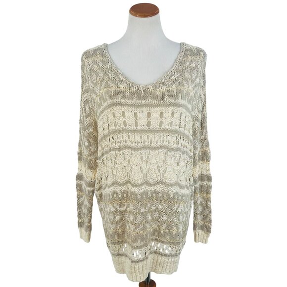 RARE NWT Free People Ivory Metallic Shimmer Slouchy On-Off Shoulder Knit Sweater - Picture 3 of 16